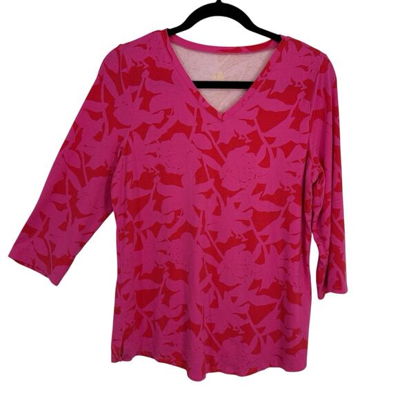 Belle Kim Gravel V Neck Bright Pink Floral 3/4 Sleeve Tee Size Small Pullover - Picture 1 of 7